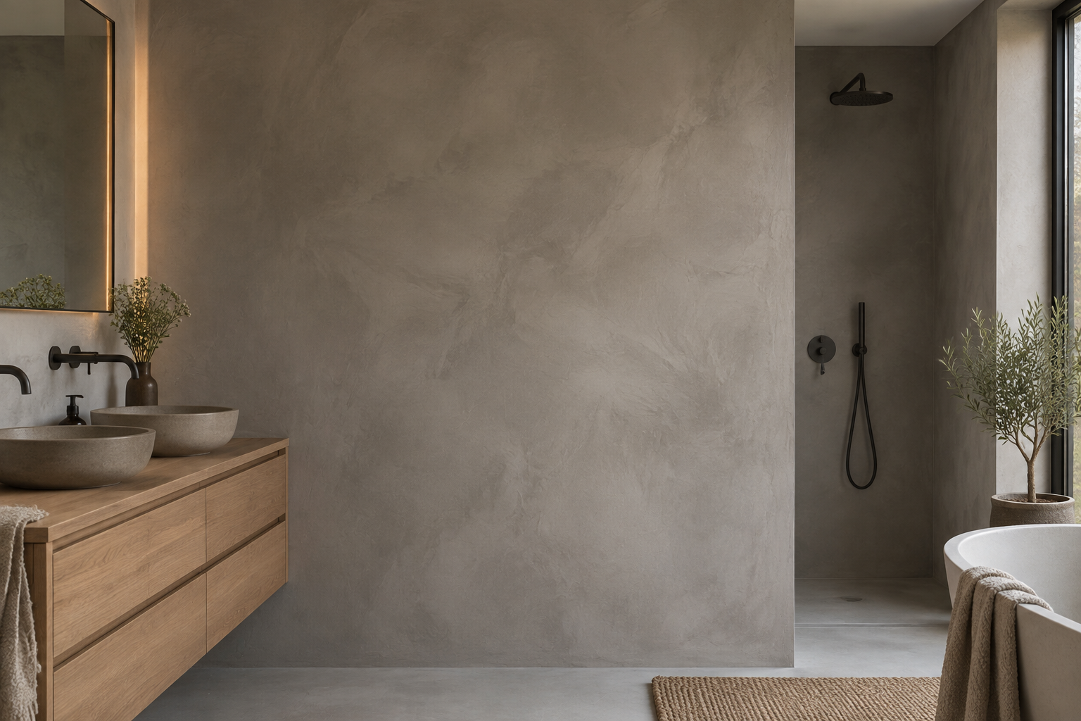 Voorbeeld van een badkamer met naadloze betonlook wanden